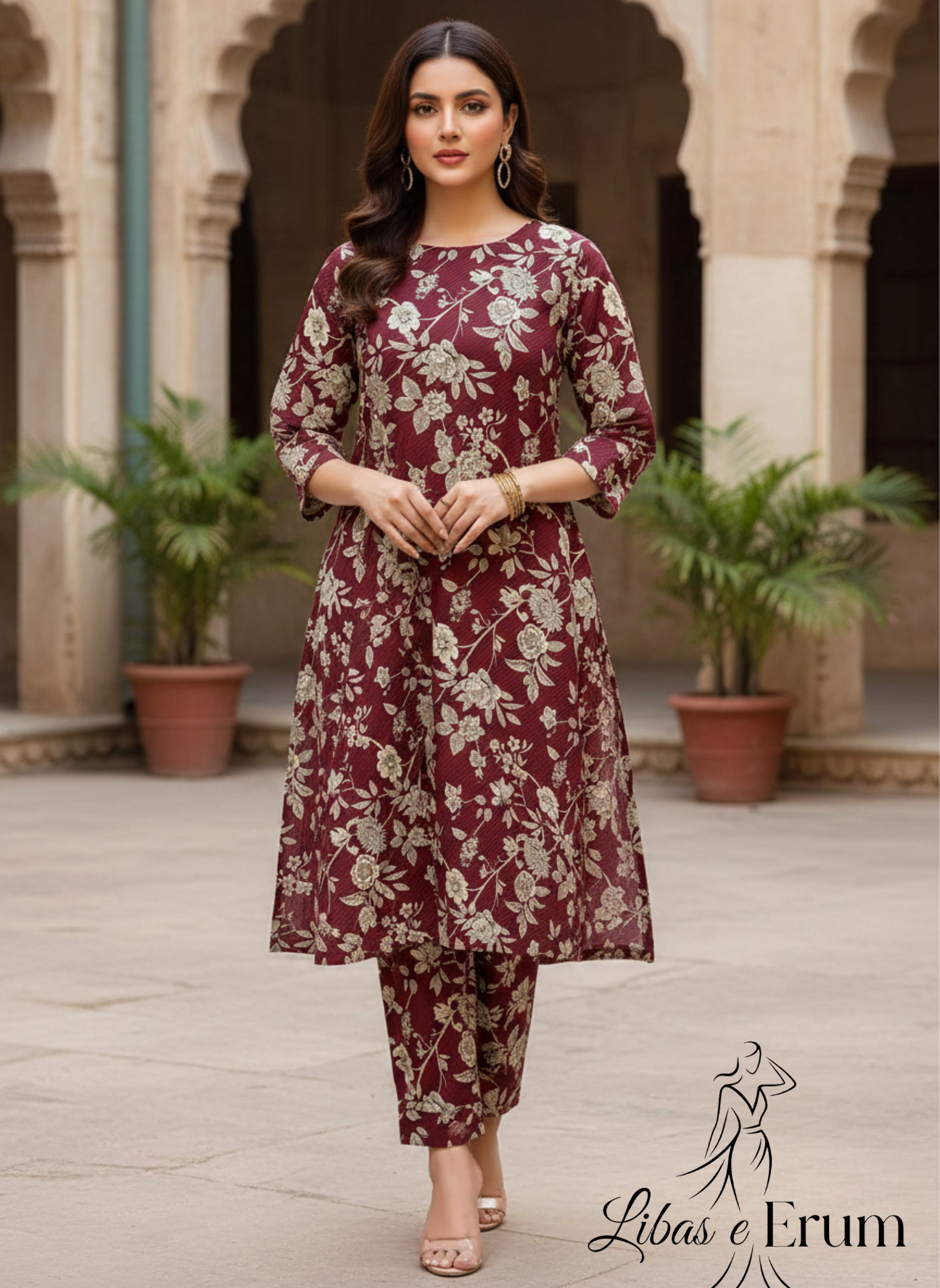 Maroon Flora A-Line Kurta Set