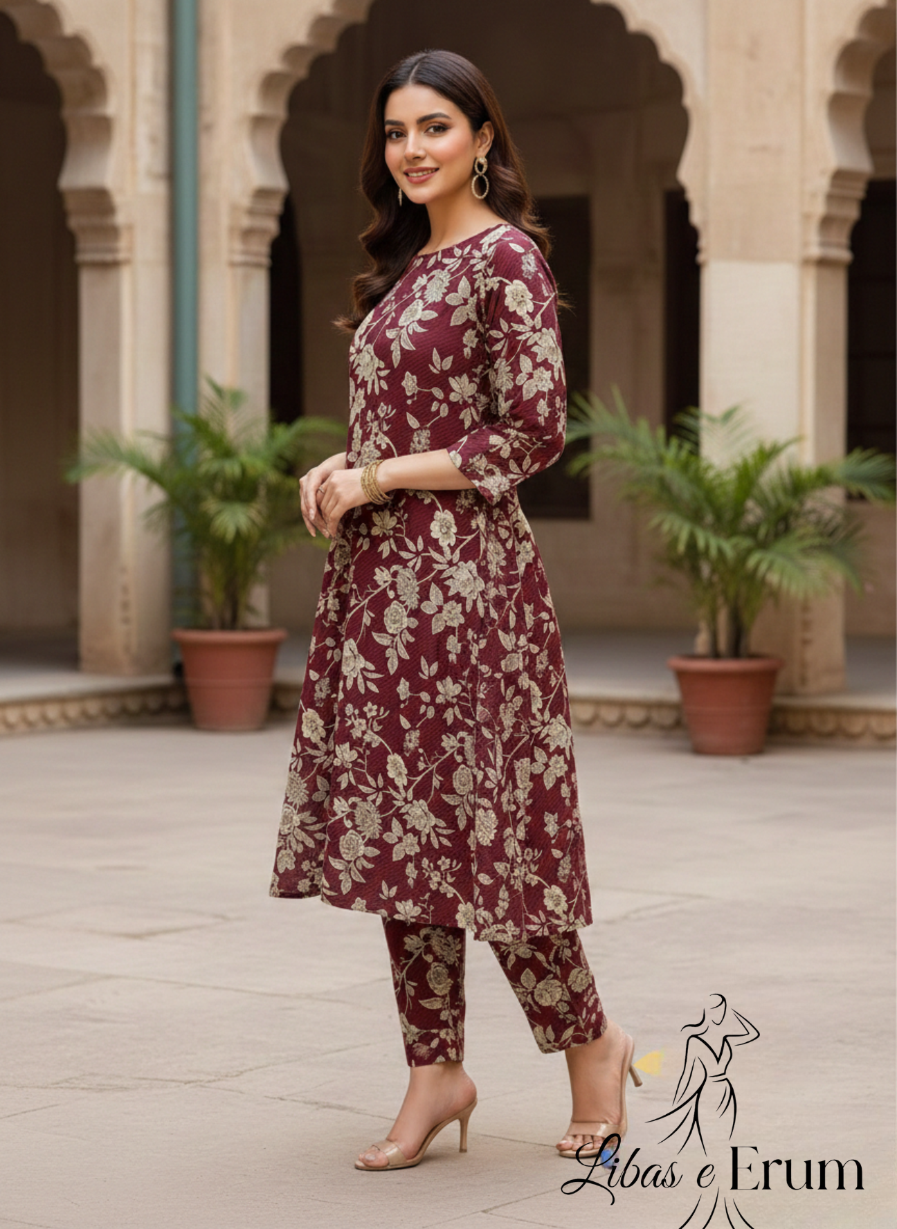 Maroon Flora A-Line Kurta Set alternate view