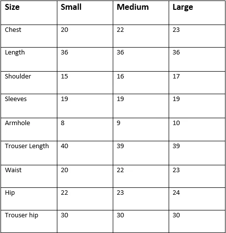 Size chart for Heer 2pc